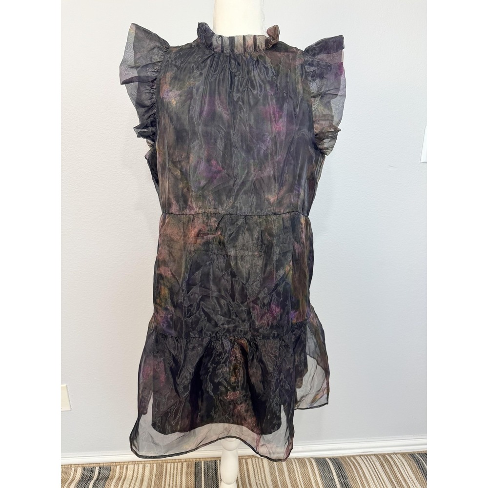 Marie Oliver Dress Women's Medium Multicolor Tie Dye Chiffon Flutter Ruffle Midi